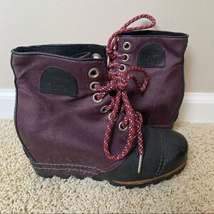 Sorel PDX Lace up Wedge Lexie Wedge Maroon Black Leather Canvas 6.5